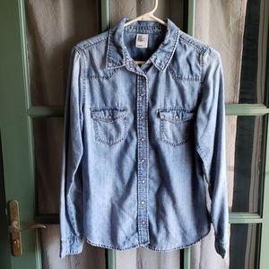 Women's denim button down shirt.
